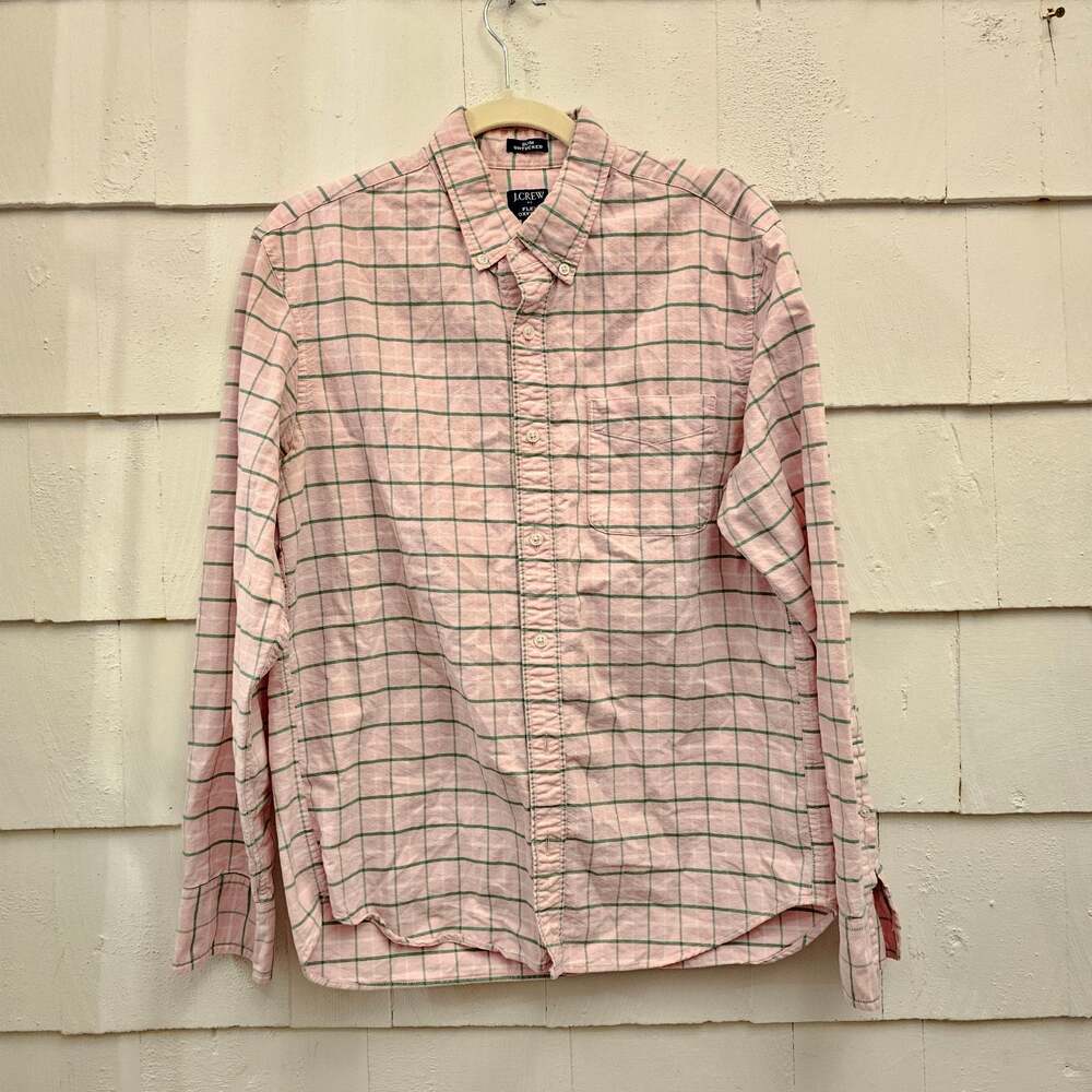 J.Crew Flex Oxford Slim Untucked Men's Medium Pink Green Windowpane Button Shirt